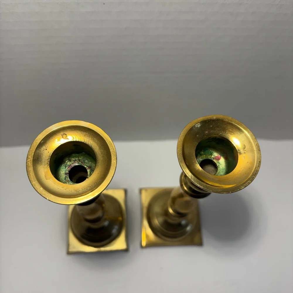 Vintage Brass Candlestick Holders Japan Square Base 7.5” Set Of Two